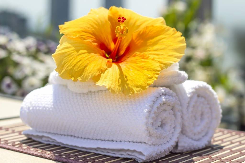 Wyprane białe ręczniki i kwiat jako symbole zapachu czystości